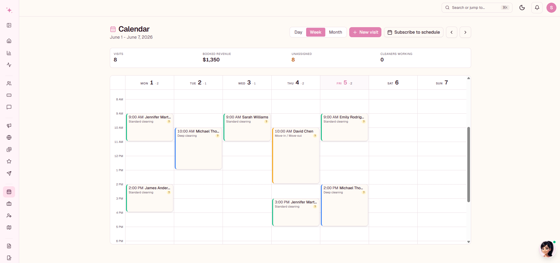 Eva's weekly calendar: every cleaning job laid out across the week, each one assigned to the right cleaner, with booked revenue and visit counts along the top.