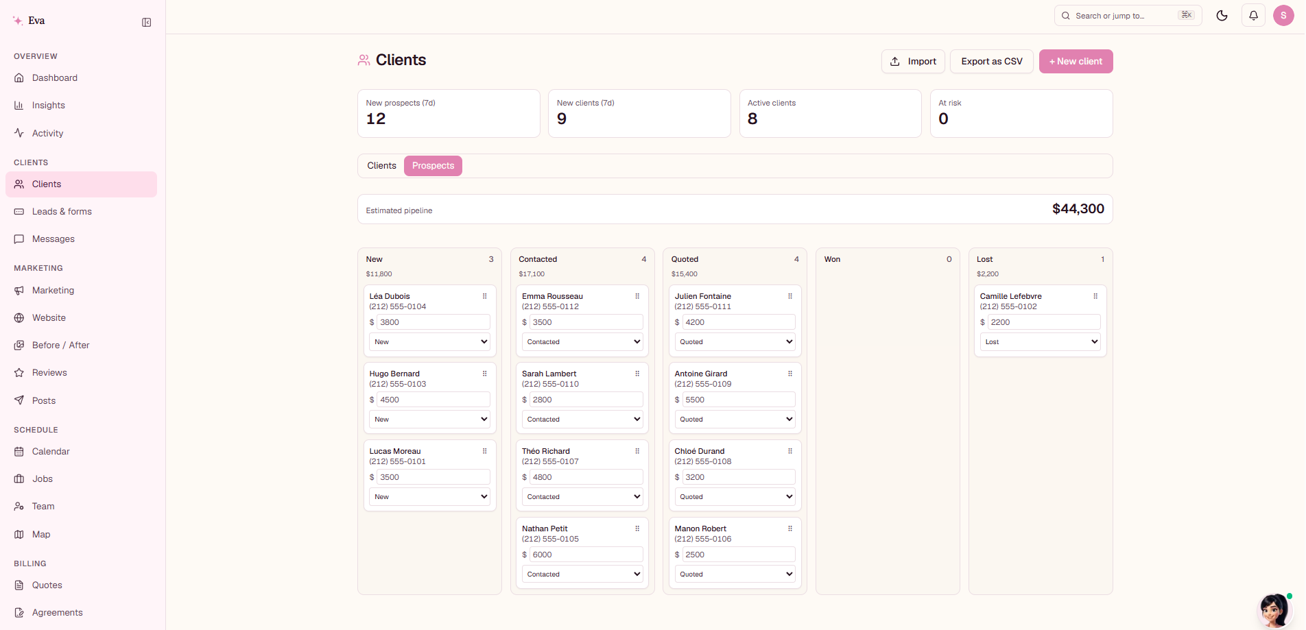 Eva's client pipeline: prospects organized across New, Contacted, Quoted, Won, and Lost stages, with an estimated pipeline of $44,300 along the top.